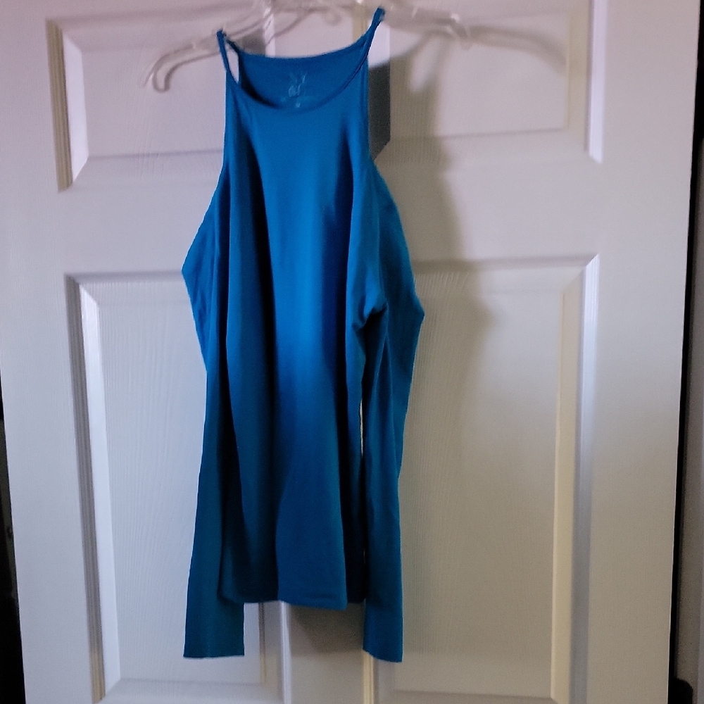New York & Company Teal Cold Shoulder Top